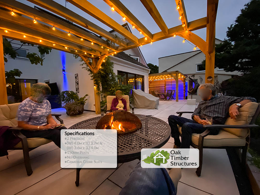 oak pergola in garden with people